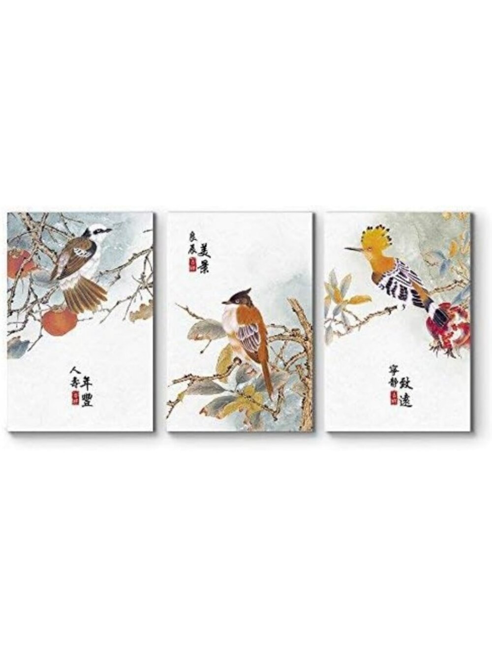 Colorful Fall Birds Canvas Wall Art - 3 Panel Giclee Print, Ready to Hang Decor